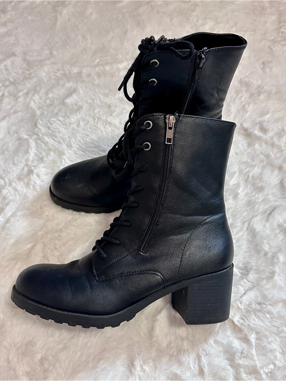 Black Lace-Up Block Heel Combat Boots